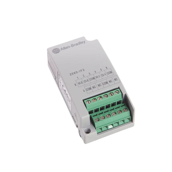 analog input module, 2-channel, 0–10V or 4–20mA, 12-bit, for Micro800 series PLCs, DIN rail mount.