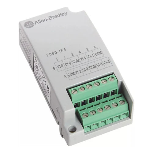 Allen-Bradley 2080-IF4 analog input module, 4-channel voltage/current, plug-in for Micro800 PLCs, compact and flexible.