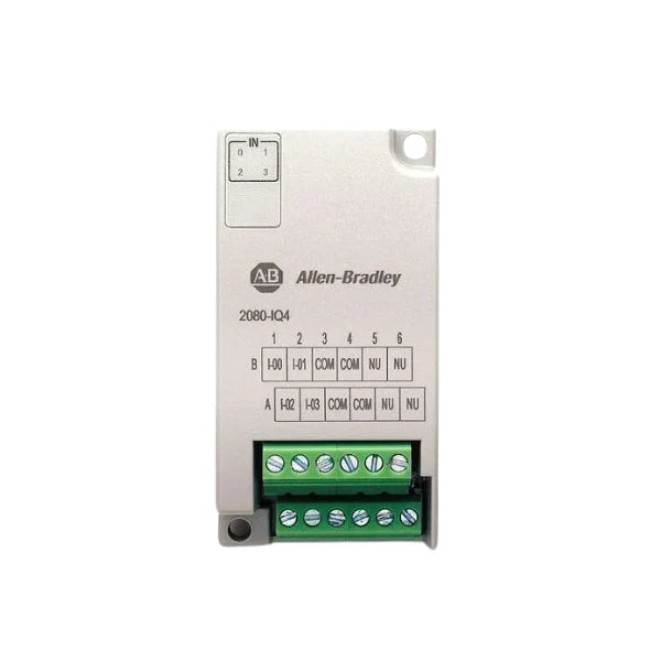 Allen-Bradley 2080-IQ4 Micro800 4-point IEC digital input module, 24V DC sink input, compact industrial automation expansion.