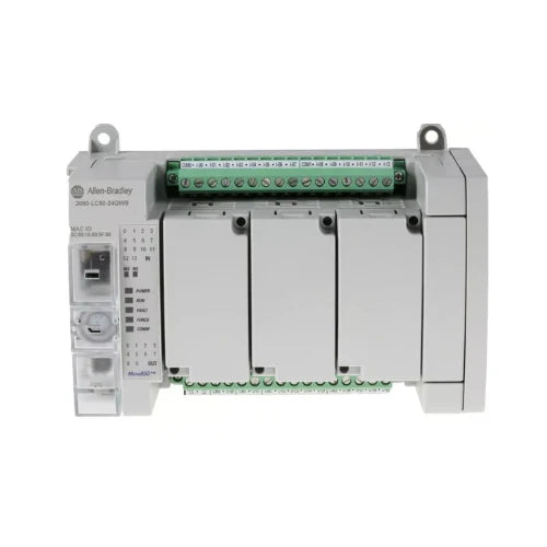 Allen-Bradley 2080-LC50-24QWB Micro850 controller, 14 digital inputs, 10 relay outputs, 24V DC, Ethernet/IP, USB, RS232/485, 3 plug-in slots.