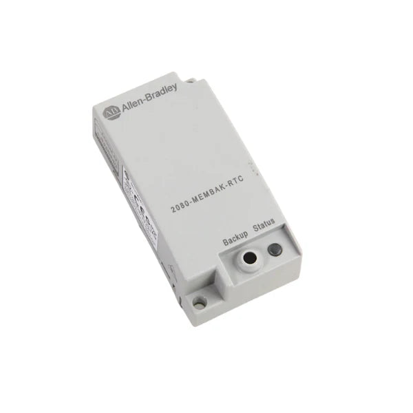 Allen-Bradley 2080-MEMBAK-RTC plug-in module for Micro800 controllers, providing memory backup and high-accuracy real-time clock functionality.