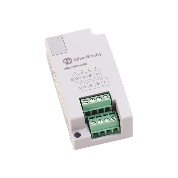 Allen-Bradley 2080-MOT-HSC Micro800 high-speed counter plug-in module, 250 kHz, 4 inputs with line driver support, compact industrial automation solution.