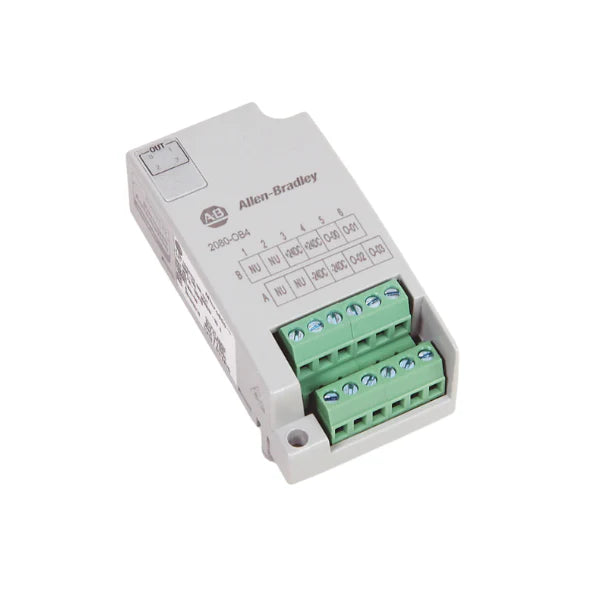 Allen-Bradley 2080-OB4 Micro800 4-point digital output plug-in module, 12/24V DC source, compact design for industrial automation applications.