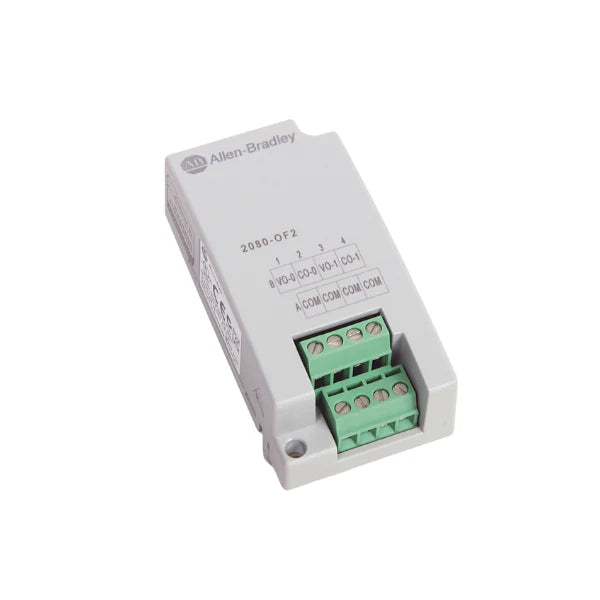 2080-OF2 analog output module, 2-channel, 0–10V or 4–20mA, Micro800 plug-in, compact control expansion.