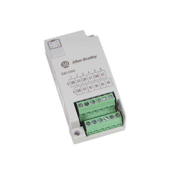 relay output module, 4-channel, isolated, 250V AC / 30V DC, for Micro800 PLCs, DIN rail mount.