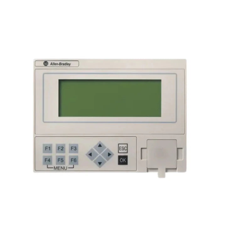 Allen-Bradley 2080-REMLCD remote LCD display, 4-line text, IP65, Micro800 compatible, with keypad.