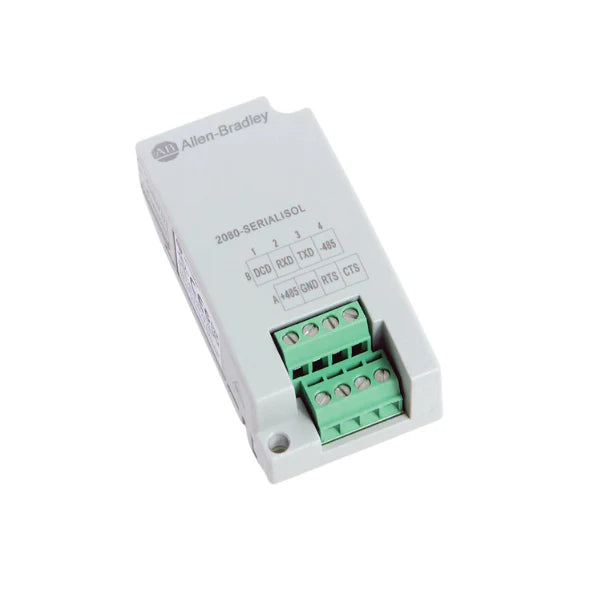 Allen-Bradley 2080-SERIALISOL Micro800 isolated serial port plug-in module, RS232/485 communication, enhanced connectivity for industrial automation.