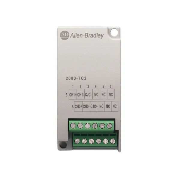 thermocouple input module, 2-channel, Type J/K/T/E/R/S/N, for Micro800 PLCs, 14-bit resolution.