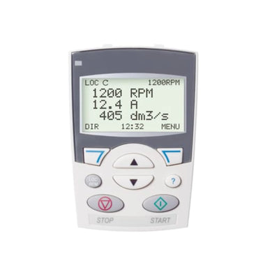 ABB ACS-CP-A control panel with LCD, navigation dial, IP54 front, for parameter setup and monitoring of ABB variable speed drives.