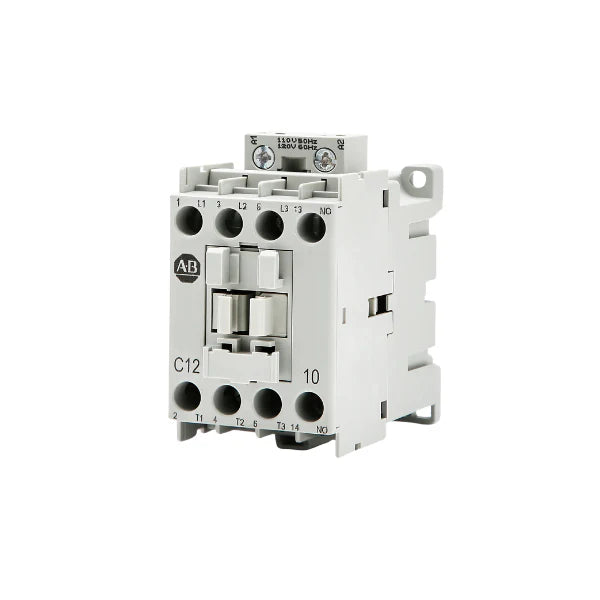 contactor, 12A, 3-pole, 120V AC coil, 1 N.O. auxiliary contact, DIN rail mount.