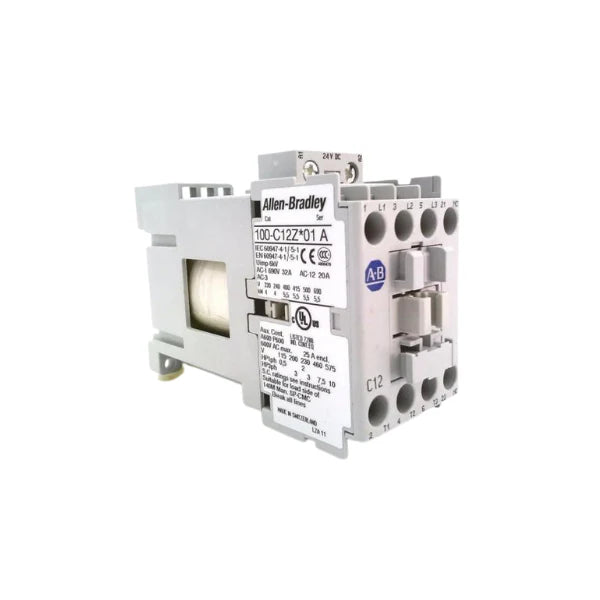 100-C12ZJ01 compact 3-pole IEC contactor, 12 A, 24V DC coil, with 1 normally open auxiliary contact for industrial control panels.
