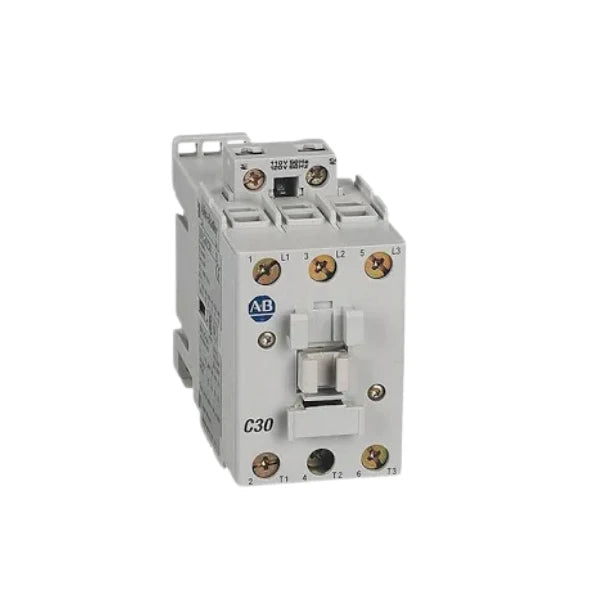 contactor, 30A, 24V DC electronic coil, 3-pole, 1 N.O. auxiliary contact, 600V AC, DIN rail mount, Series C.