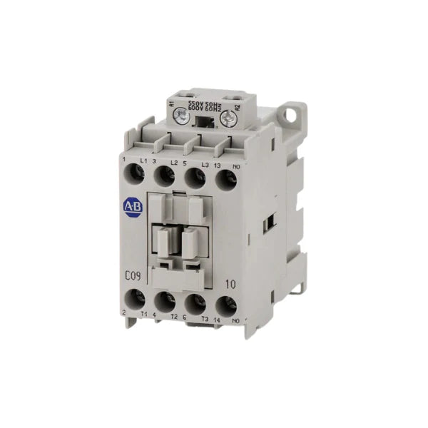 Allen-Bradley 100-C09EJ01 contactor, 9A, 3-pole, 110V DC electronic coil, with 1 N.C. auxiliary contact.