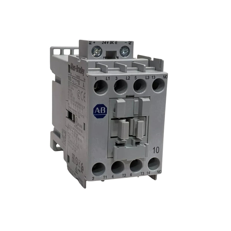 Allen-Bradley 100-C09KJ10 IEC contactor, 9A, 24V DC coil, 3-pole, 1-NO auxiliary, compact DIN rail mount