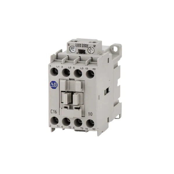 Allen-Bradley 100-C16D10 IEC contactor, 16A, 24V DC coil, 3-pole, 1 N.O. auxiliary, compact design.