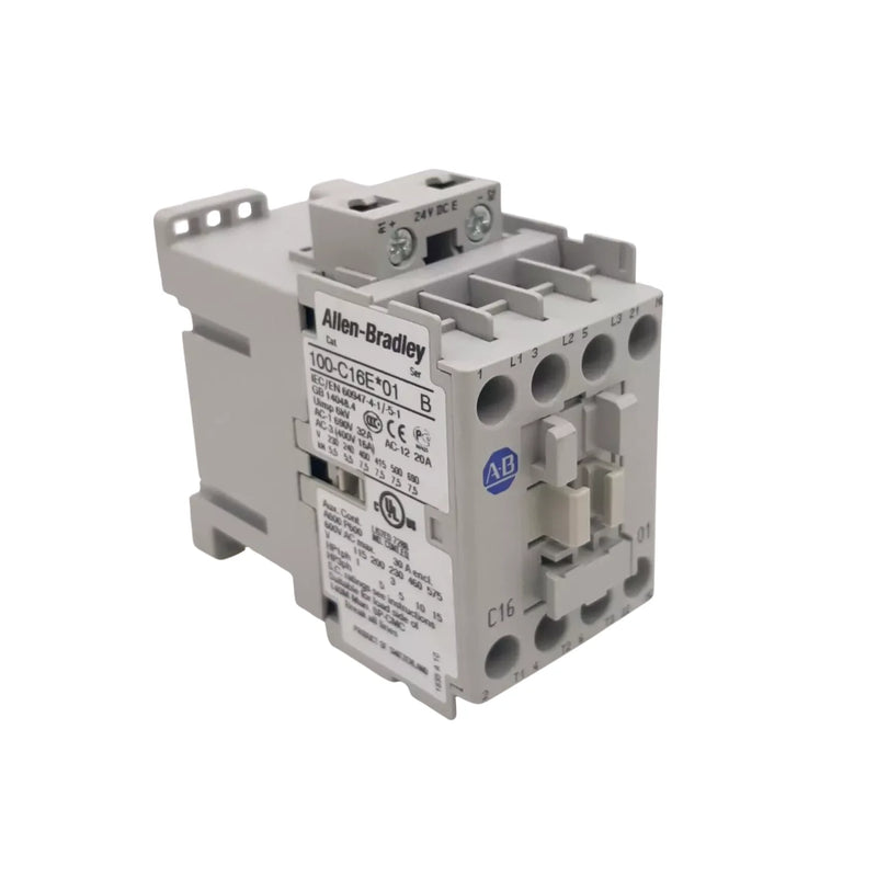 Allen-Bradley 100-C16EJ01 IEC contactor, 16A, 3-pole, 24V DC coil, 1 N.C. auxiliary contact, screw terminals