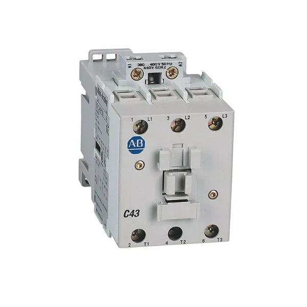 Allen-Bradley 100-C43EJ10 IEC contactor, 3-pole, 43A, 24V DC coil, with 1 N.O. auxiliary contact.