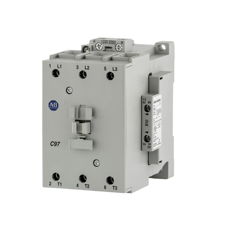 Allen-Bradley 100-C97D10 IEC contactor, 97A, 3-pole, 24V DC coil, with 1 N.O. auxiliary, DIN rail mount