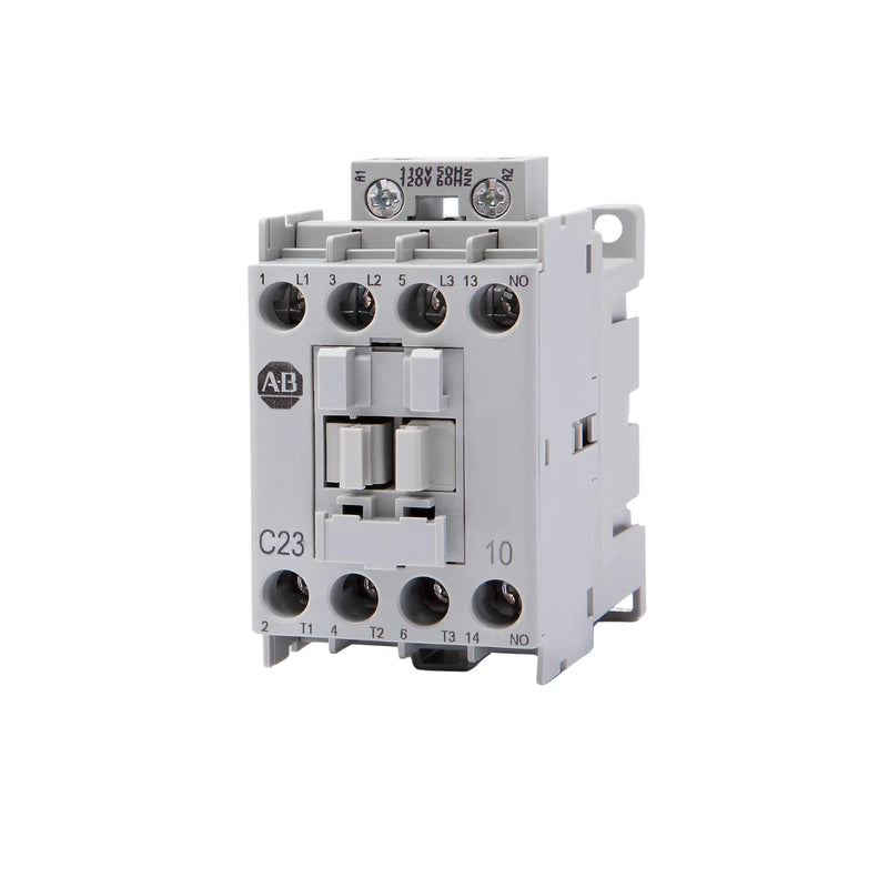 Allen-Bradley 100-C23D10 IEC contactor, 23 A, 3-pole, 120V AC coil, 1 N.O. contact, DIN rail mount.