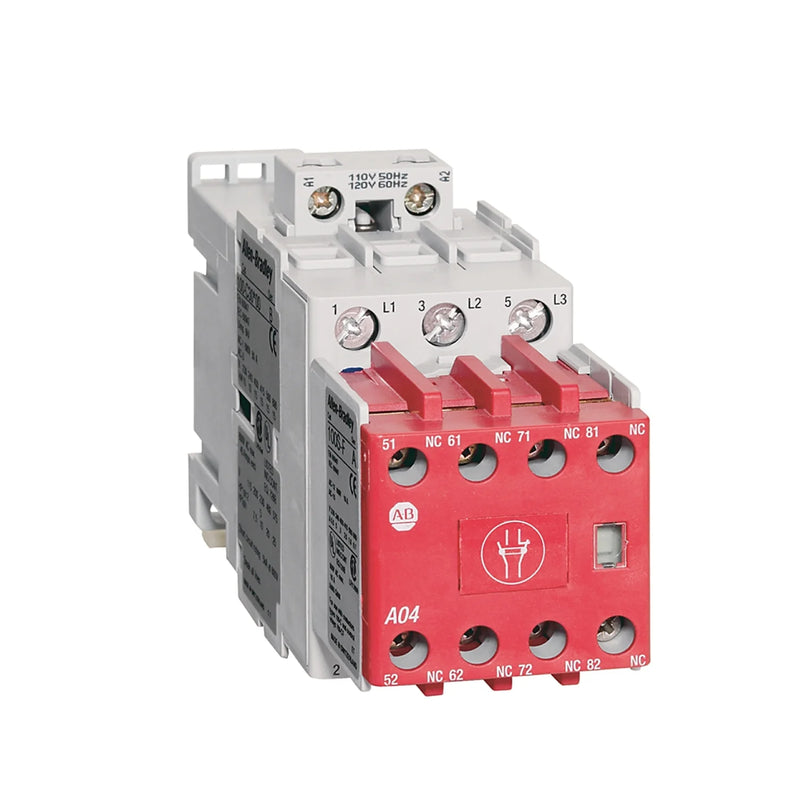 Allen-Bradley 100S-C30EJ22C safety contactor, 30A, 3-pole, 24V DC coil, 2-NO 2-NC mirror contacts, SIL 3, red housing