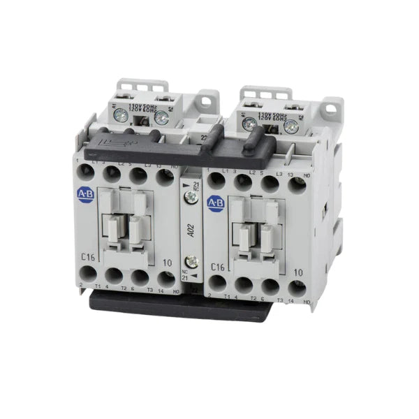 Allen-Bradley 104-C09D22 reversing contactor, 9A, 24V DC coil, 2NO/2NC auxiliary contacts, DIN rail mount.