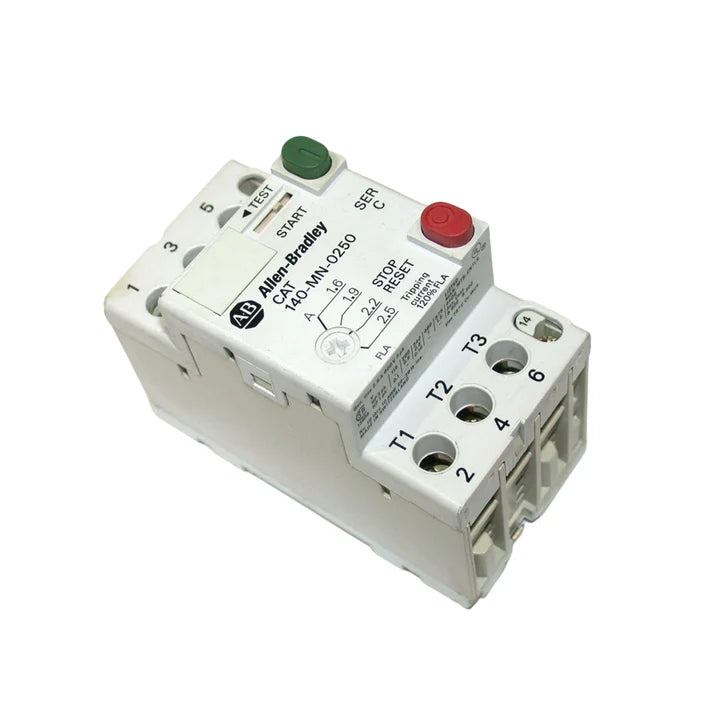 Allen-Bradley 140-MN-0250 2.5A manual motor protector, 3-pole, thermal-magnetic, DIN rail mount, Trip Class 10