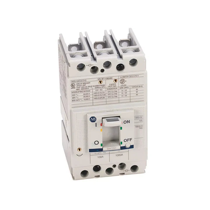 Allen-Bradley 140G-G2C3-D10 MCCB, 3-pole, 100A, 35kA at 480V AC, thermal magnetic trip, G-frame
