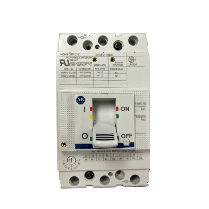 Allen-Bradley 140MG-G8P-C15 motor circuit protector, 15A, G Frame, magnetic-only, 3-pole, 65kA @ 480V AC