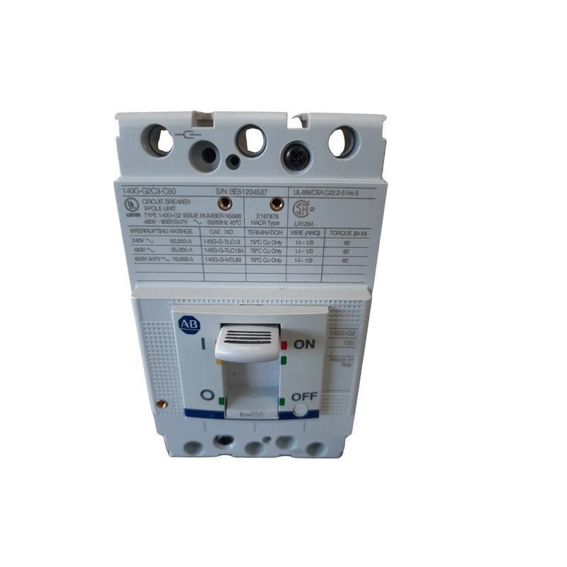 Allen-Bradley 140G-G2C3-C50 MCCB, 3-pole, 50A, G-frame, thermal-magnetic trip, 600Y/347V AC