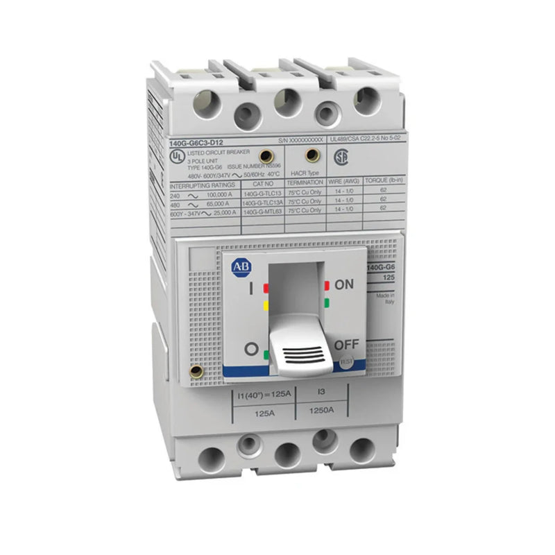 3-pole molded case circuit breaker, 125A, G Frame, 70kA @ 415V, fixed thermal magnetic trip unit.