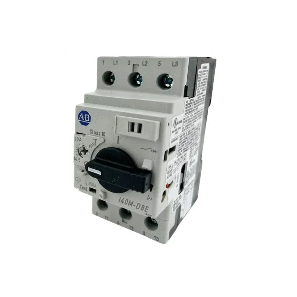 Allen-Bradley 140M-D8E-C20 motor circuit breaker, 20A, 3-pole, thermal-magnetic, 55mm frame, IEC rated.