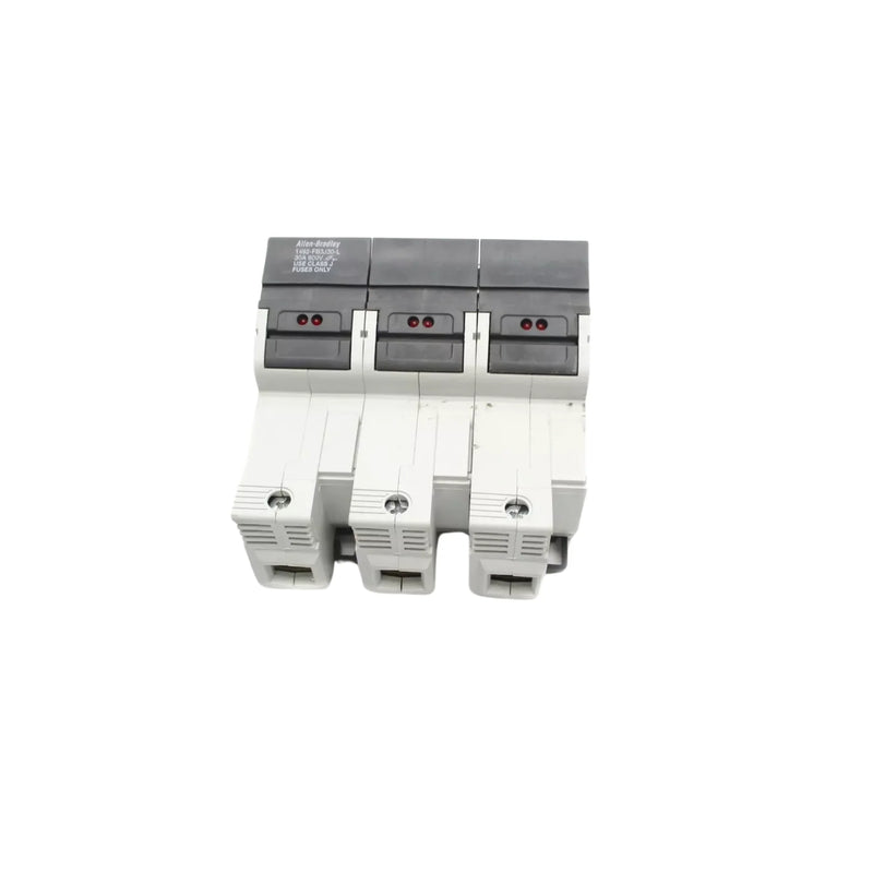 Allen-Bradley 1492-FB3J30-L 3-pole Class J fuse holder, 30A, 600V, DIN rail mount, indicator light, finger-safe design