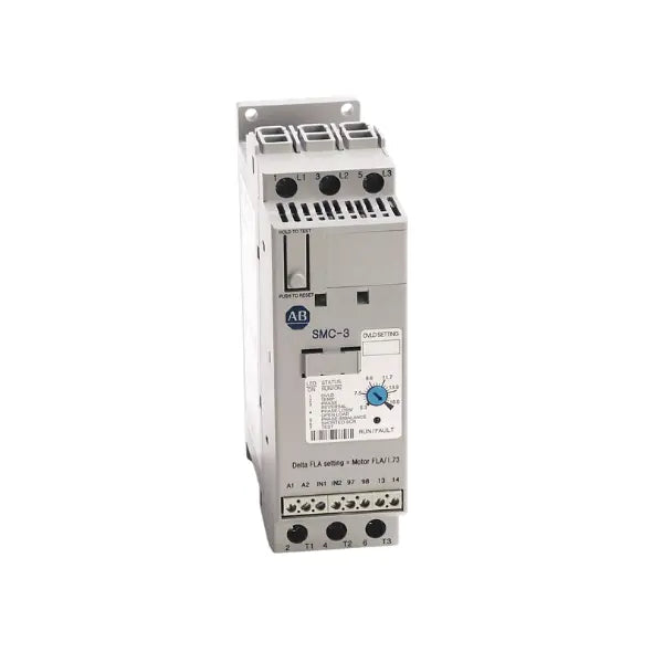 Allen-Bradley 150-C25NBD SMC-3 soft starter, 25A, 200–480V AC, 24V DC control, compact open type, motor protection and soft start.