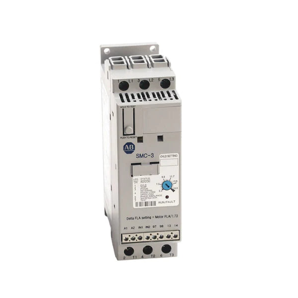 SMC-3 soft starter, 25A, 200–480V AC, 3-phase, NEMA open, with built-in bypass and overload protection.