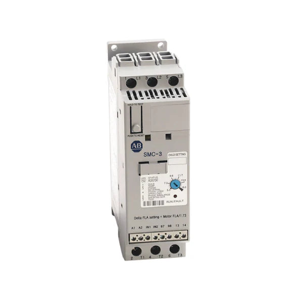 Allen-Bradley 150-C37NBD SMC-3 smart motor controller, 37A, 200–480V AC, 24V DC control, compact industrial soft starter.