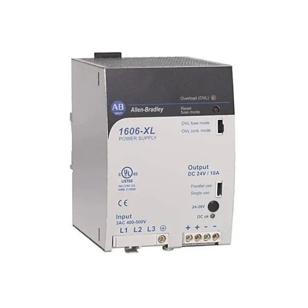 Allen-Bradley 1606-XL240E-3 DIN rail power supply, 240W, 3-phase input, 24-28V DC adjustable output, compact and high-efficiency industrial PSU.