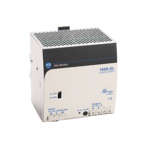 Allen-Bradley 1606-XL240E DIN rail power supply, 240W, 24-28V DC adjustable output, 10A, high-efficiency industrial PSU for automation systems.