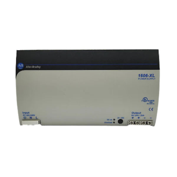 Allen-Bradley 1606-XL480E 480W DIN rail power supply, 24–28V DC output, 230V AC input, compact industrial PSU.