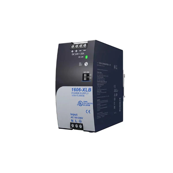 Allen-Bradley 1606-XLB480E expansion power supply, 24–28V DC, 20A output, DIN rail mount, for industrial automation.