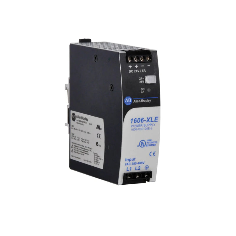 Allen-Bradley 1606-XLE120E-2 power supply, 24V DC, 2.5A, 120W, single-phase, DIN rail mount.
