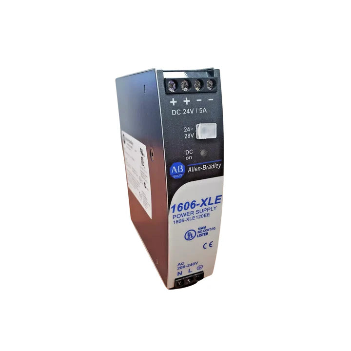 Allen-Bradley 1606-XLE120EE power supply, 24V DC, 5A, 120W, DIN rail mount, single-phase input, high efficiency