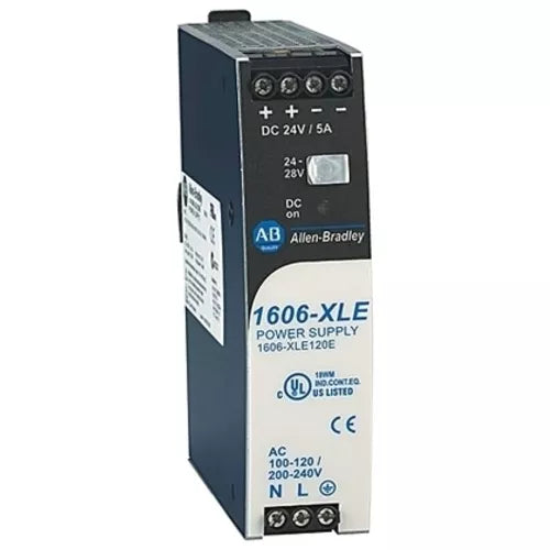 Allen-Bradley 1606-XLE120E 24V DC, 5A, 120W power supply for DIN-rail mounting, compact and cost-effective solution for basic industrial needs.