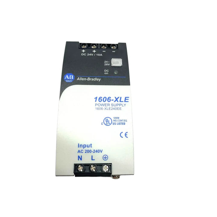 Allen-Bradley 1606-XLE240EE power supply, 240W, 24V DC, 10A, NEC Class 2, DIN rail mount, compact design