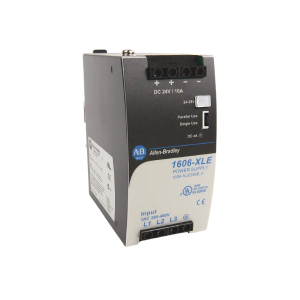 Allen-Bradley 1606-XLE240EN DIN rail power supply, 240W 24V DC output, 10A, compact high-efficiency solution for industrial control panels.