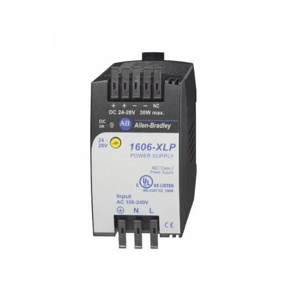 Allen-Bradley 1606-XLP30E power supply, 30W, 24V DC, 1.25A, single-phase, compact DIN rail mount.