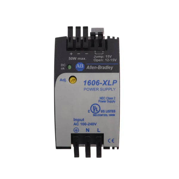Allen-Bradley 1606-XLP50B power supply, 24V DC, 2.1A, 50W, compact DIN rail mount