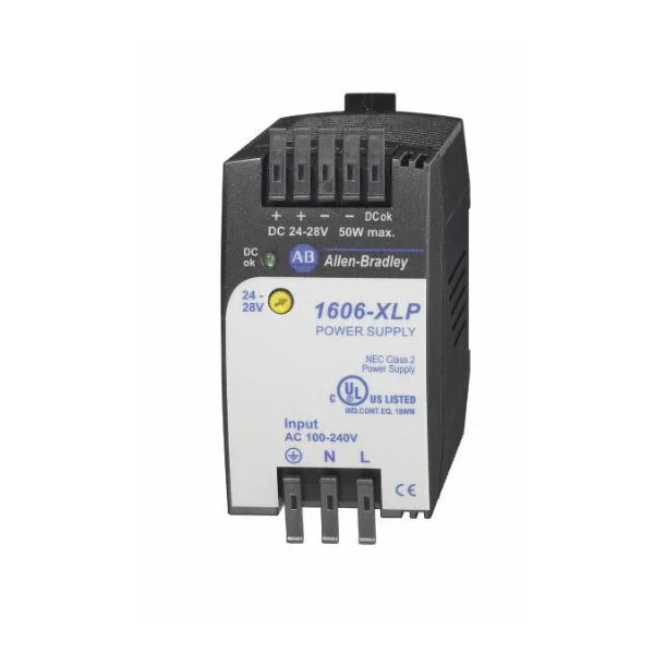 Allen-Bradley 1606-XLP50E switched mode power supply, 24V DC, 2.1A, 50W, extra low-profile DIN rail mount.