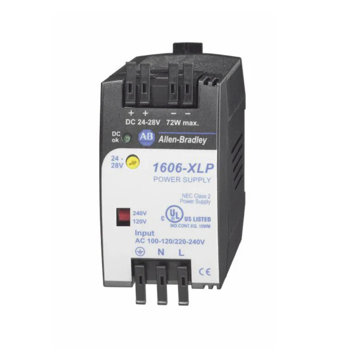 Allen-Bradley 1606-XLP72E DIN rail power supply, 24V DC, 3A, 72W, compact single-phase unit.