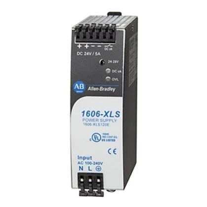 Allen-Bradley 1606-XLS120E power supply, 24V DC, 5A, 120W, high-efficiency DIN-rail mounted unit for industrial automation panels.