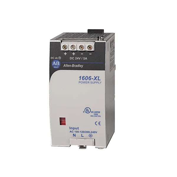 Allen-Bradley 1606-XL120E-3 power supply, 24V DC, 5A, 3-phase input, 120W, DIN rail mount.